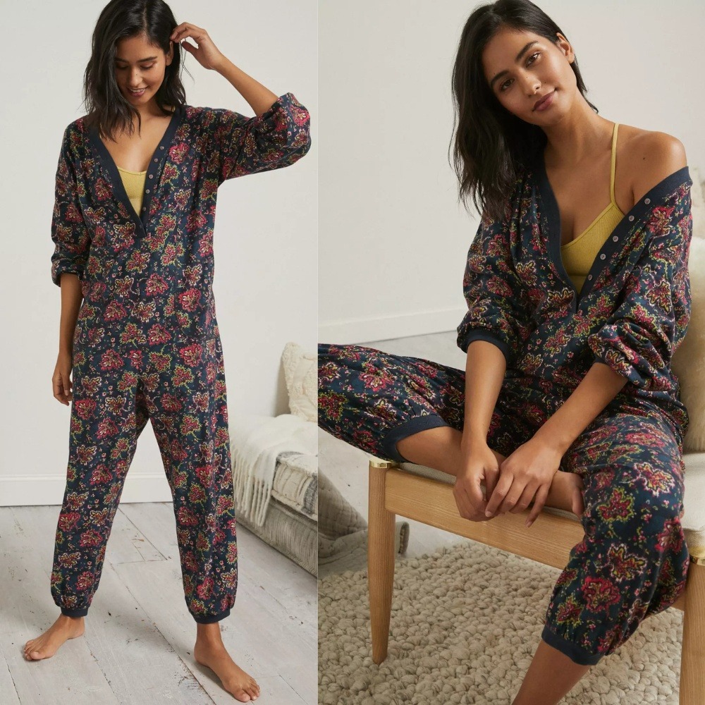 Anthropologie Fireside Flannel Sleep Jumpsuit Pajamas PJs Floral Small
